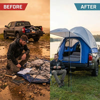 Sportz Truck Tent | Pickup Truck Bed Camping Tent | Full Rainfly for Water Protection | Sturdy and Spacious 2-Person Truck Tent | Easy 15-Minute Setup | Blue/Gray — Before & After