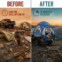 Truck Bed Tent Designed for Compact Pickups, 15-Minute Setup, Full Rainfly, 2-Person Capacity — Before & After