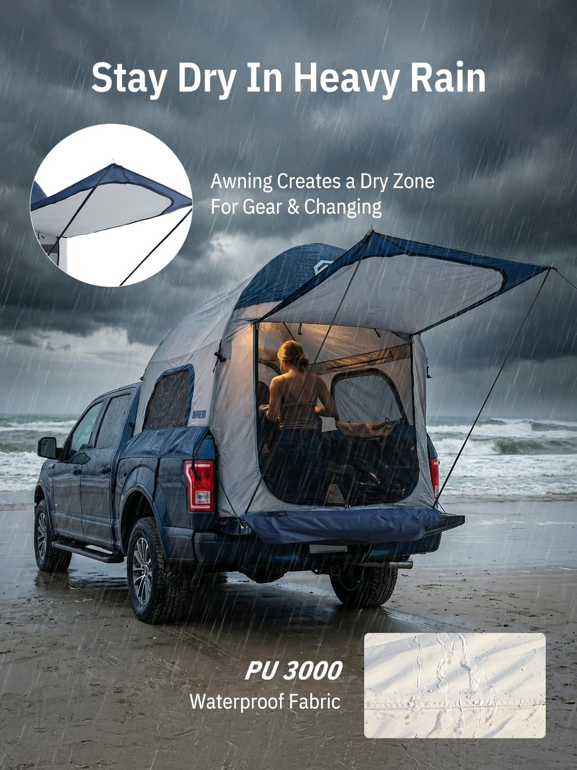 Truck Bed Tent for Camping 5Ft-8Ft for 2+1 People, 2 Mins Setup | Inflatable Pickup Truck Tent, PU 3000Mm Waterproof & High-Strength Windproof, Spacious Interior for Multi-Landscape — product view 7