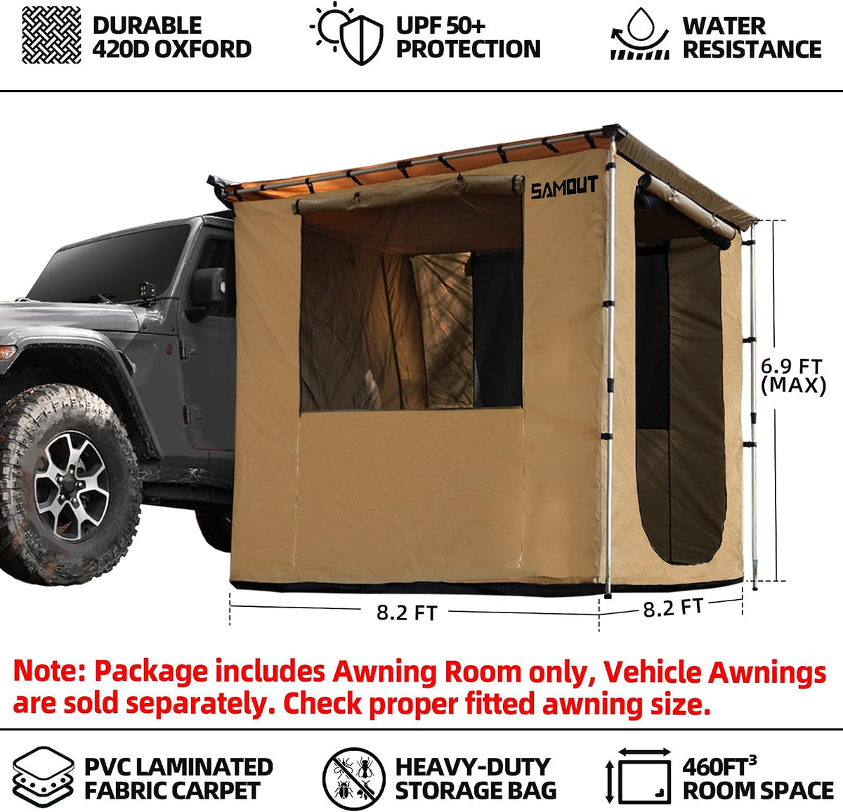 Vehicle Awning 8.2' X 8.2' Rip-Stop 420D Oxford Side Awning Changing Room with PVC Floor, Waterproof & Wind Resistance, Easy Setup Design — product view 2